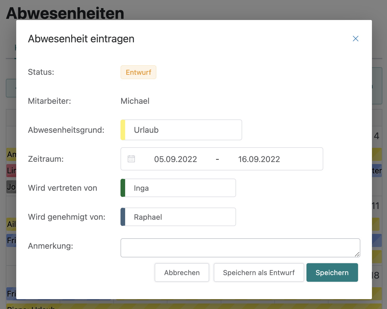 Abwesenheit eintragen in Artesa