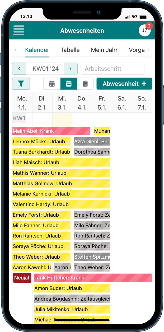 Abwesenheitskalender auf dem Smartphone