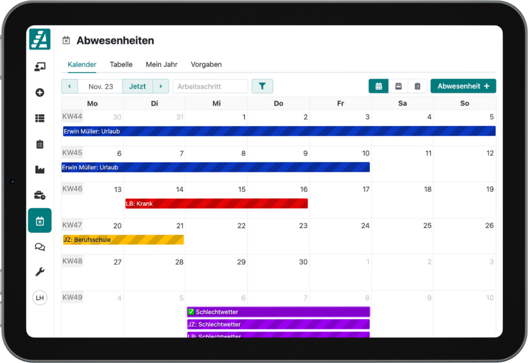 Der Abwesenheitskalender in Artesa für die Urlaubsplanung.