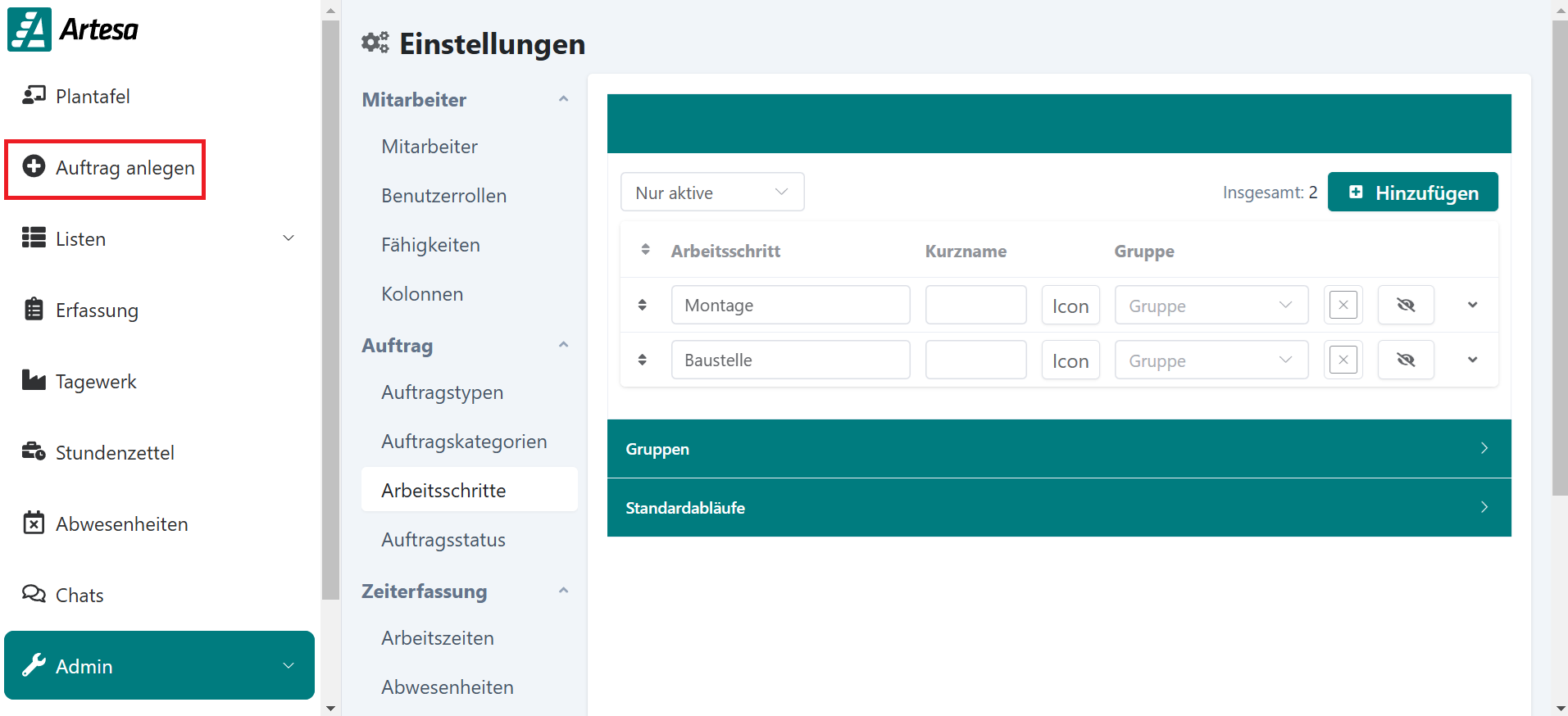 Navigation Auftrag anlegen