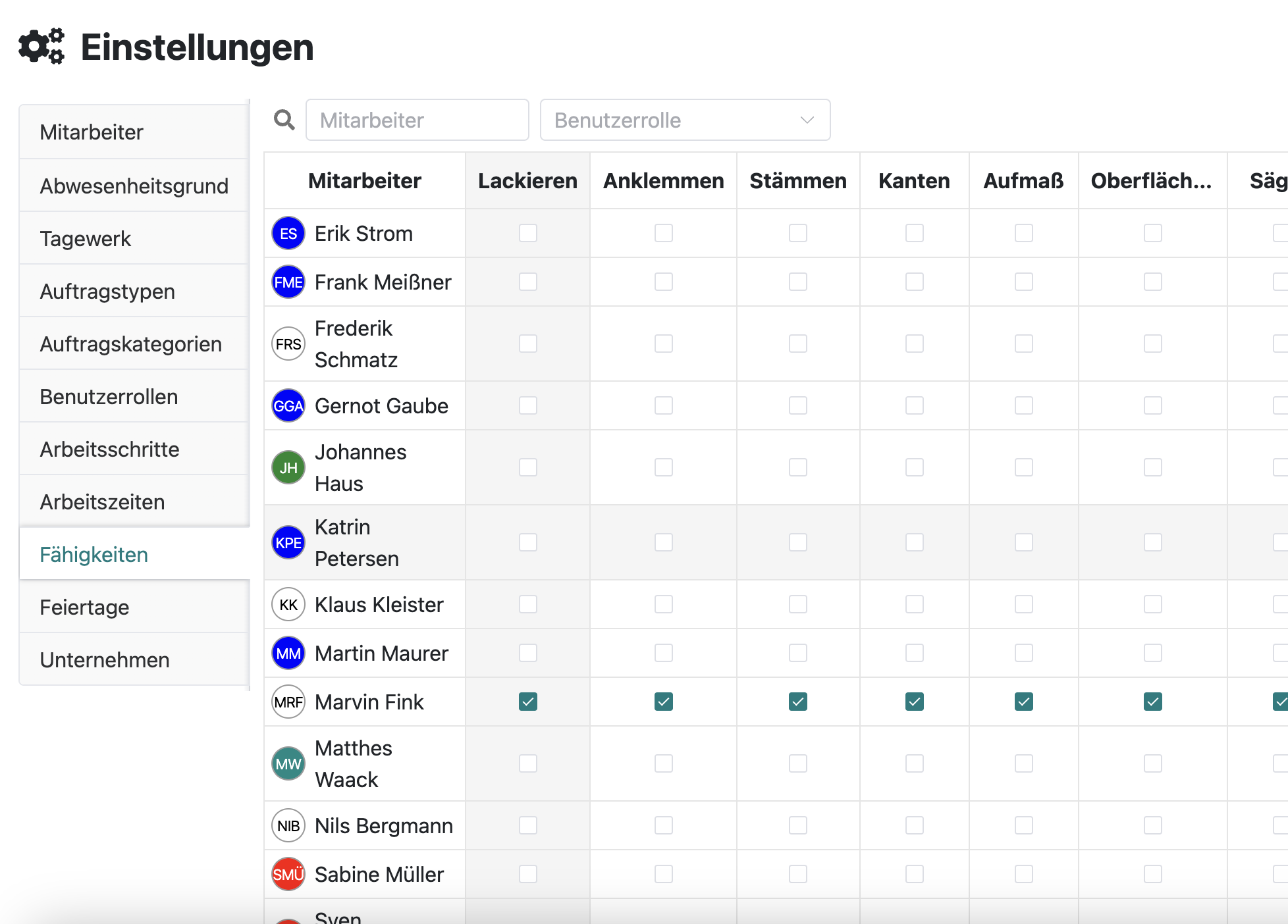 Fähigkeiten in den Einstellungen