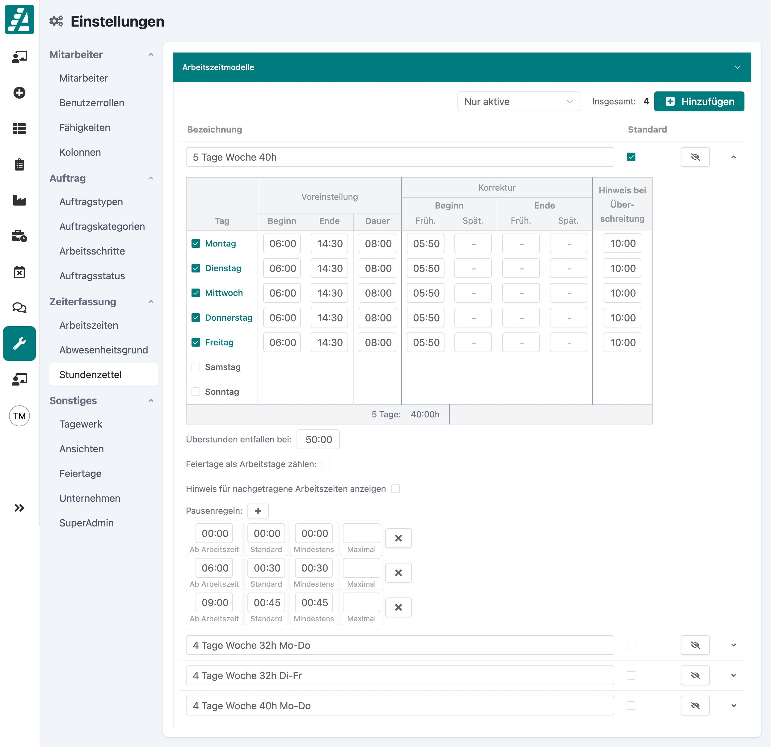Einstellungen für Arbeitszeitmodelle