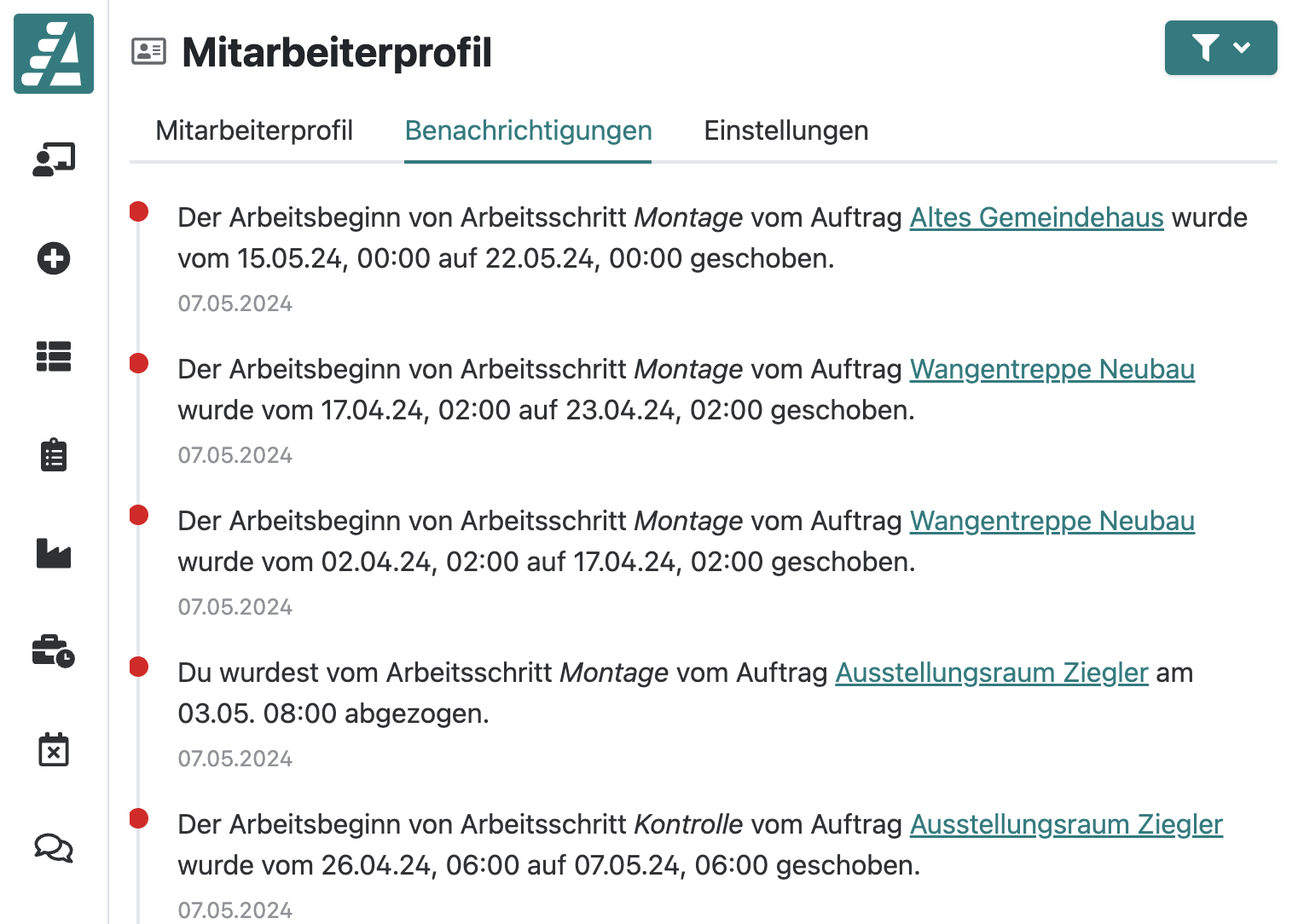 Benachrichtigungen im Mitarbeiterprofil